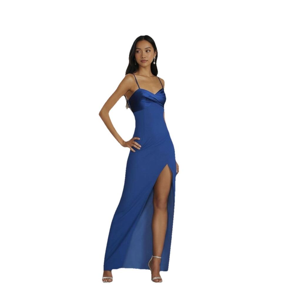 Blue Spaghetti Strap Sheath Dress Crepe Satin Side Slit Formal Cocktail-Size 12